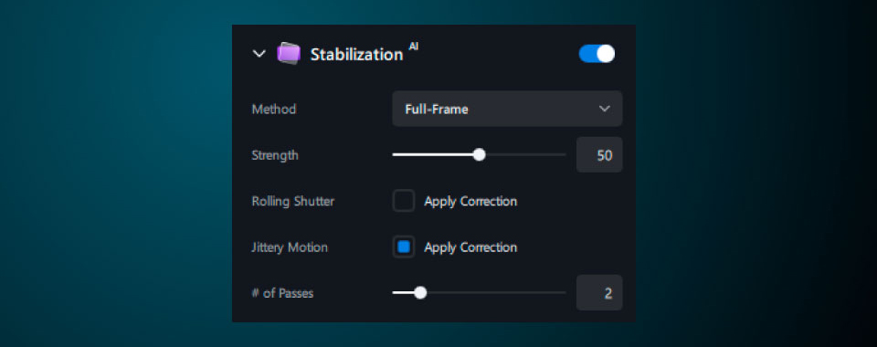 Topaz Video AI 4の手ブレ補正設定画面